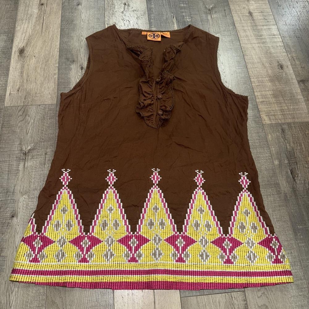 Tory Burch 12 Sleeveless Tunic Embellished Ruffles Cotton Blend Buttons